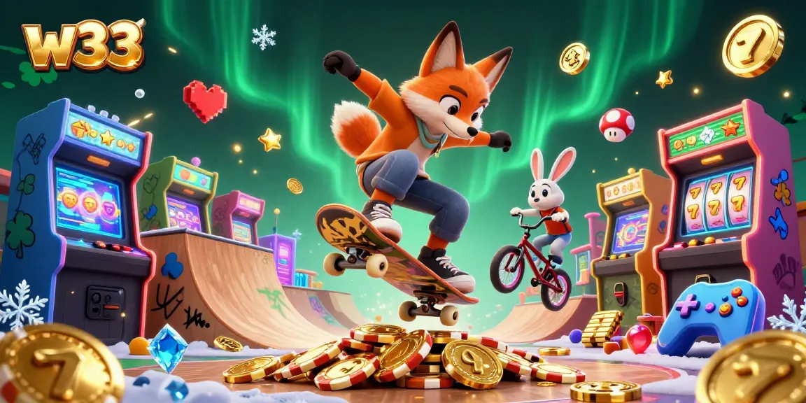Engage with vibrant w33 gaming action featuring a fox and rabbit in a lively casino scene.