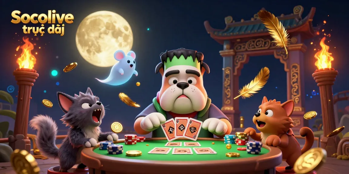 Socolive trực tiếp features a 3D cartoon bulldog monster dealing cards with a ghost mouse while a werewolf kitten howls under a golden moon.