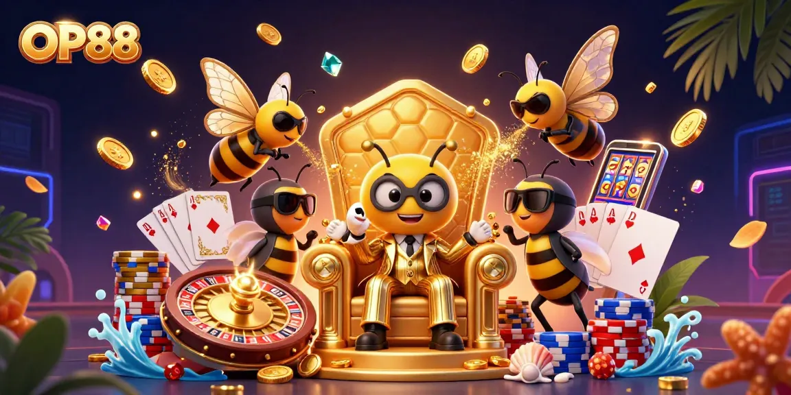 OP88 slots experience illustrated by a mob boss bee surrounded by shimmering gold coins and dynamic game elements.