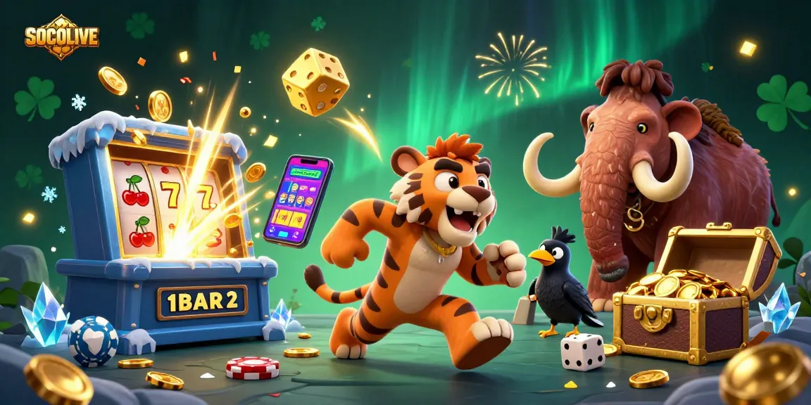 SOCOLIVE ignites excitement as a caveman and sabertooth tiger run a vibrant prehistoric casino with slots and treasures.