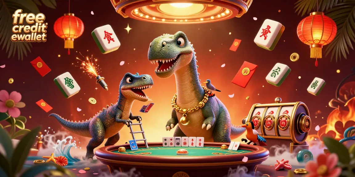 Play with free credit ewallet at a vibrant casino featuring a playful dinosaur and rich game elements.