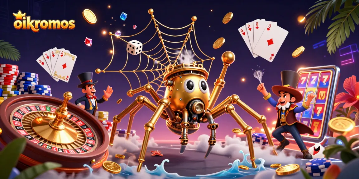 Engage with oikonomos as a steampunk spider weaves a casino web in vibrant dynamics.