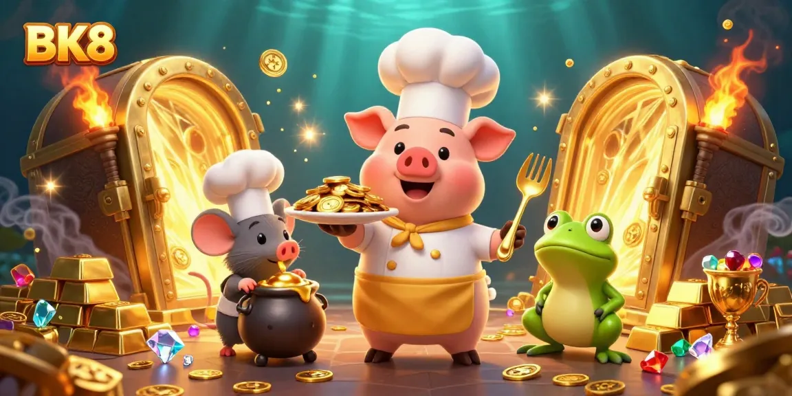 Spin for riches with BK8's vibrant 3D casino scene featuring gold coins and treasures.
