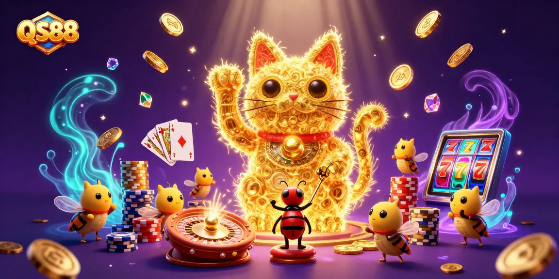 Experience QS88's vibrant world with a giant lucky cat, golden coins, and casino excitement.