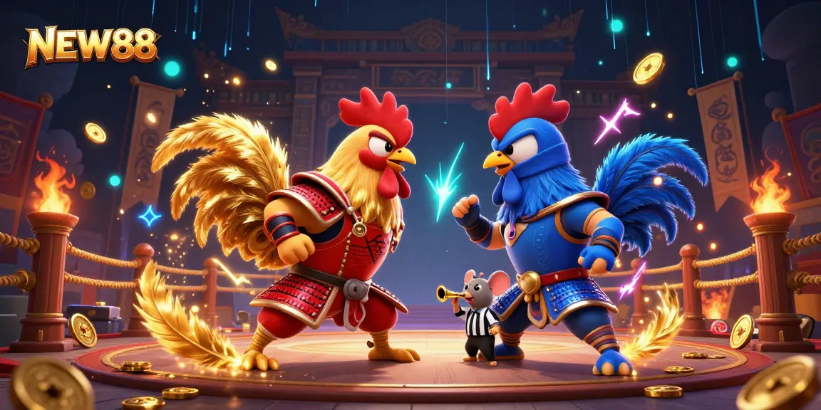 Engage with NEW88's thrilling cockfight showdown featuring samurai vs. ninja roosters in a vibrant arena.