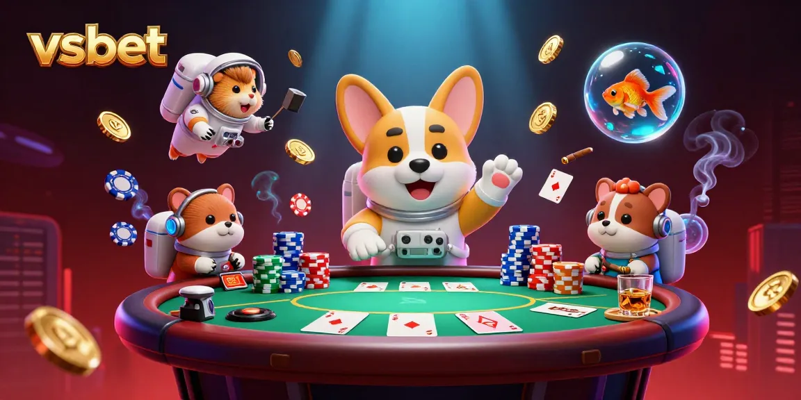 Join the exciting vsbet casino adventure with our 3D illustration featuring a playful astronaut corgi amidst floating poker chips and gold coins!