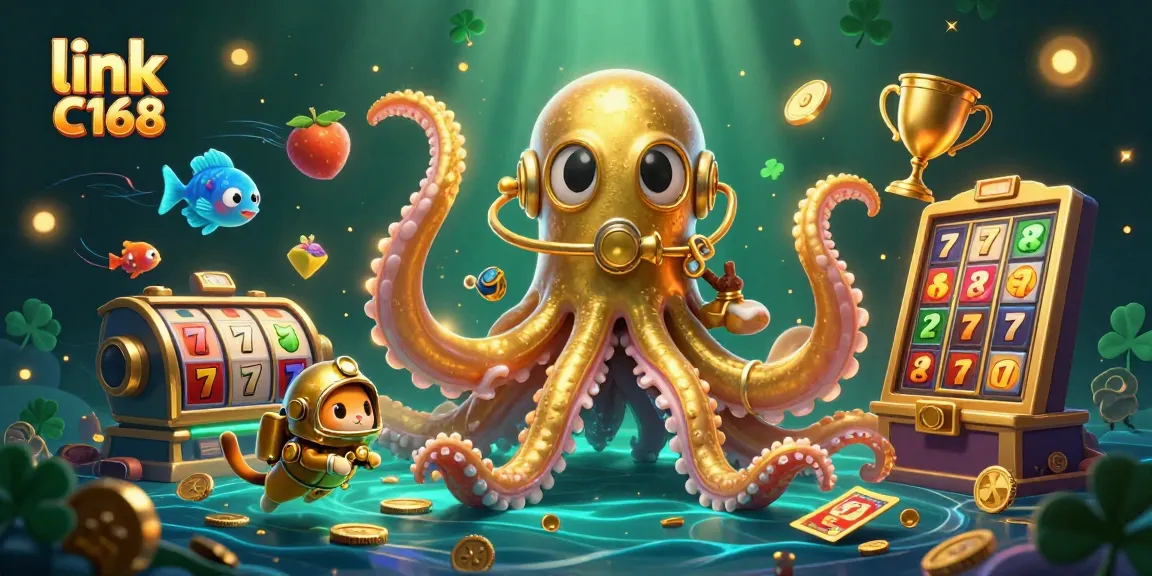 Engage with the thrilling world of link C168 as a colossal kraken and diving cat showcase vibrant slot elements and golden treasures.