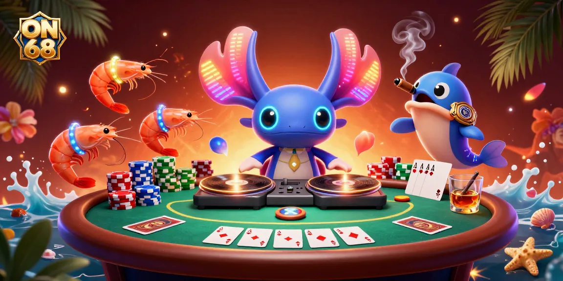 Engage in the vibrant world of ON 68 with an ultra-detailed 3D illustration featuring a neon axolotl DJ.