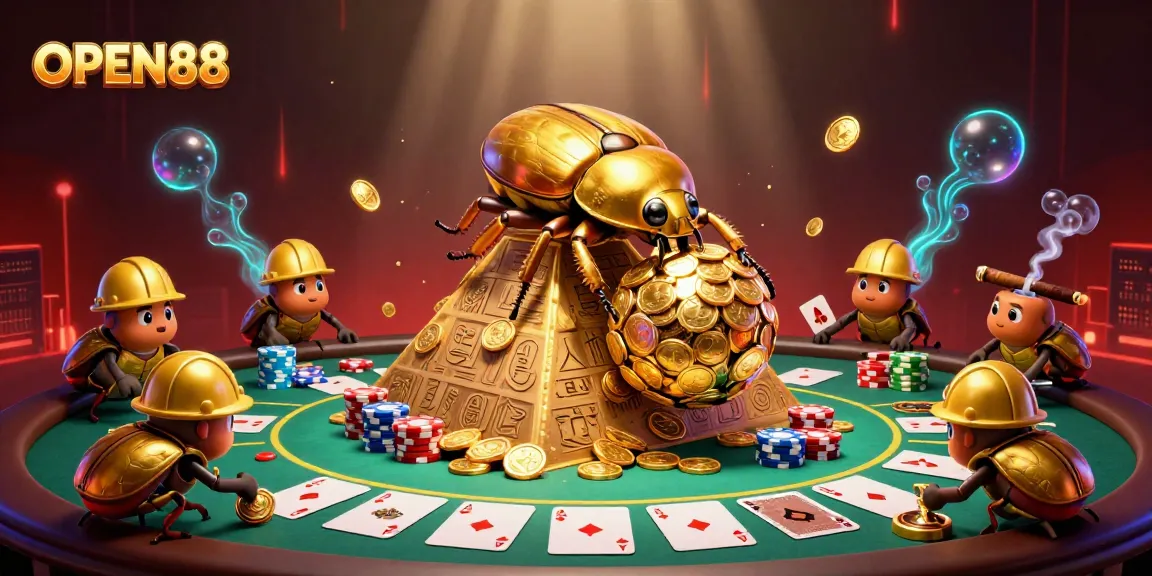 Experience the excitement of OPEN88 with a golden beetle rolling coins at a vibrant casino pyramid.