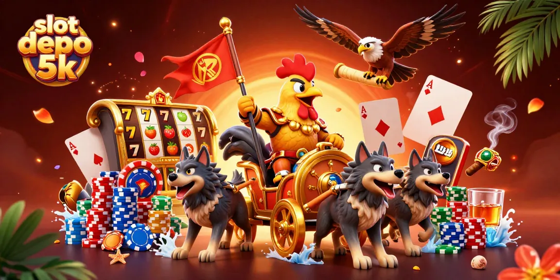 Experience slot depo 5k with a dynamic and vibrant gambling scene featuring cartoon characters and game elements.