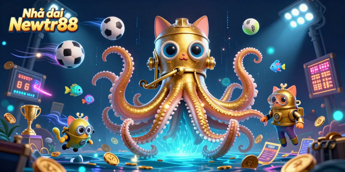 Experience thrill at Nhà cái Newtr88 with a vibrant, illustrated casino scene packed with sports and treasure.