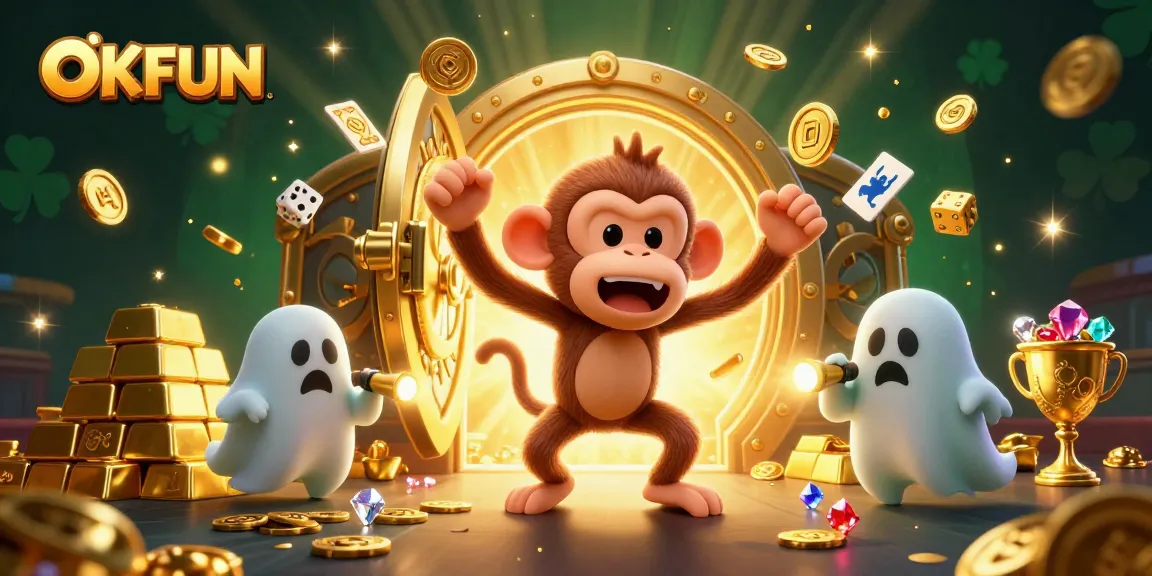 Experience the magical world of OKFUN as a mischievous poltergeist monkey juggles golden treasures in a lively casino scene.
